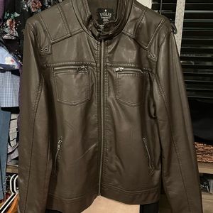 Brown faux leather jacket.